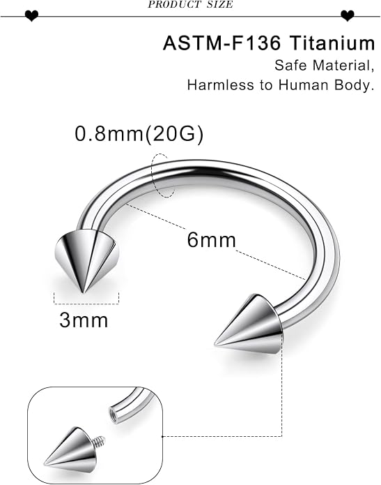 20G 18G 16G 14G 12G 8G 6G 4G 2G ASTM F136 Titanium Internal Thread Horseshoe Septum Ring Jewelry Circular Barbell Helix Snug Tragus Rook Daith Cartilage Earring Lip Ring Piercing Jewelry
