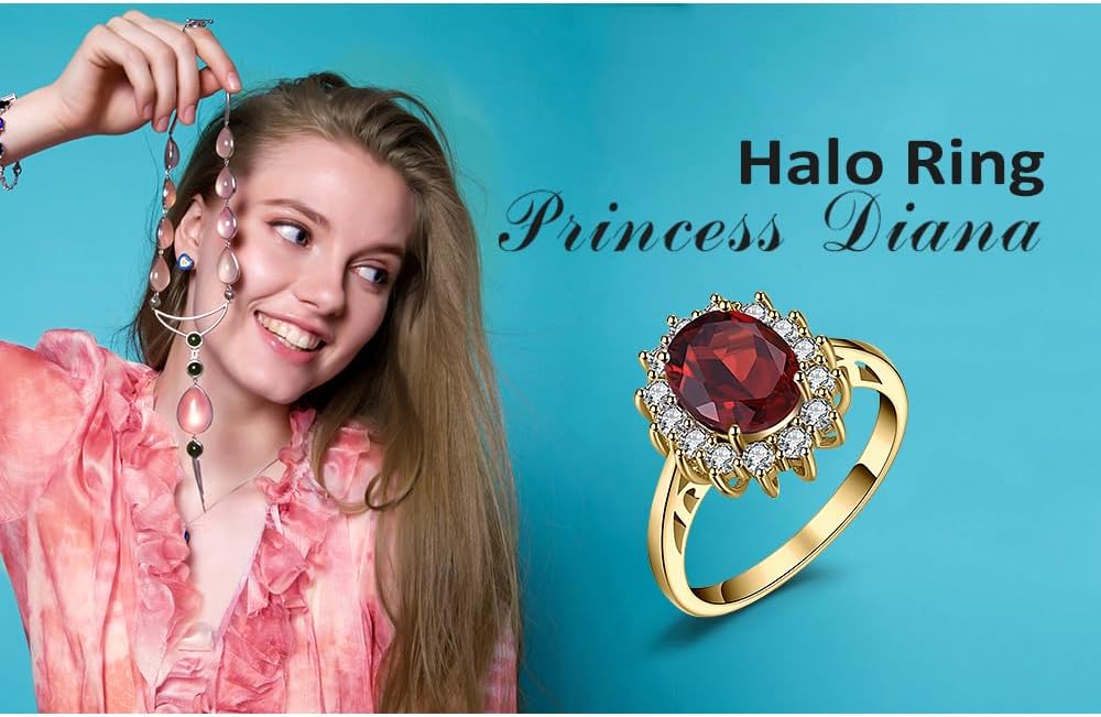 JewelryPalace Princess Diana Kate Middleton Class Gemstone Birthstone Sapphire Halo Engagement Rings for Women, Anniversary 14K White Yellow Rose Gold Plated 925 Sterling Silver Promise Rings for Her