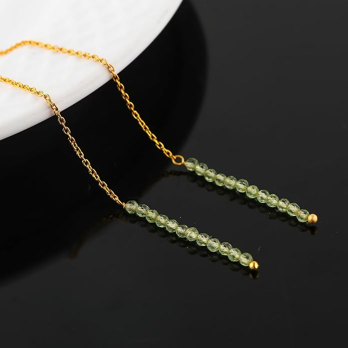 Natural Gemstone Threader Earrings for Women - Dainty 2mm Faceted Beads - Birthstone Crystal Drop Earrings - Silver Plated Healing Jewelry