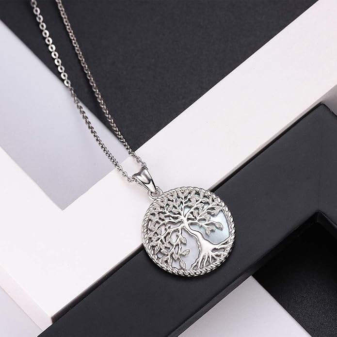 Aniu Tree of Life Necklace for Women, 925 Sterling Silver Mother of Pearl Family Palm Tree Charm Pendant Jewelry for Birthday Christmas Gift