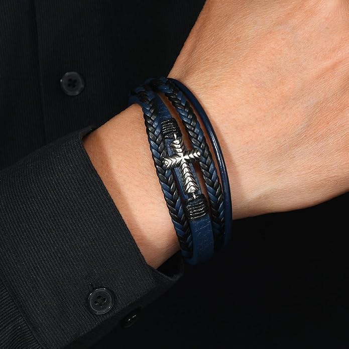 Men's Cross Leather Bracelet Vintage Christian Religious Faith Cuff Bangle Multi-Layer Braided Genuine Leather Wrap Wristband with Stainless Steel Clasp Jewelry for Women Him or Her