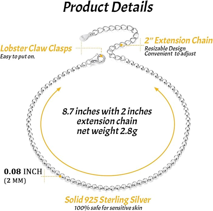ChicSilver 925 Sterling Silver Ankle Bracelet for Women, Simple Cuban Link/Figaro/Twist Rope Chain Anklets for Beach Party(with Gift Box)