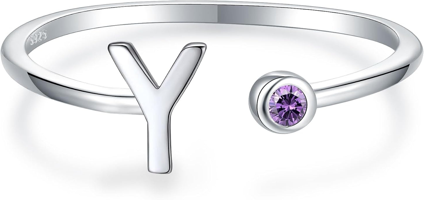 925 Sterling Silver Initial Letter Birthstone Rings for Women Adjustable 1-12 Month Birthstone Alphabet Stacking Ring for Teens Girls Stackable Birthstone Rings Birthday Jewelry Gift for Daughter Mom