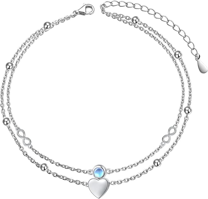 Flyow Anklet for Women S925 Sterling Silver Adjustable Foot Beaded Heart Charm Ankle Bracelet Anklets Jewelry