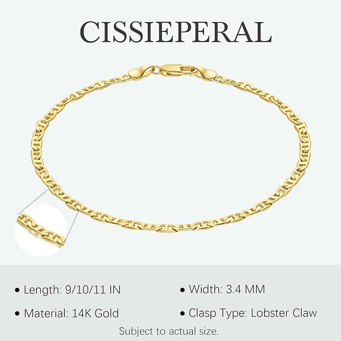 Ankle Bracelets 14K Gold Anklets for Women Waterproof 3.4mm Mariner Chain Anklets for Women Women’s Ankle Bracelet Anchor Chain 9’’ 10’’ 11’’