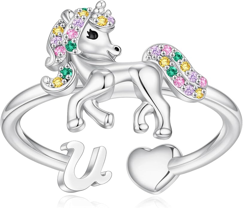 Unicorn Initial Rings for Teen Girls, Rose Gold/White Gold Plated Heart Initial Rings for Girls Adjustable Stackable Rings for Women Diny Heart Ring for Teen Girls Gifts Unicorns Gifts for Girls