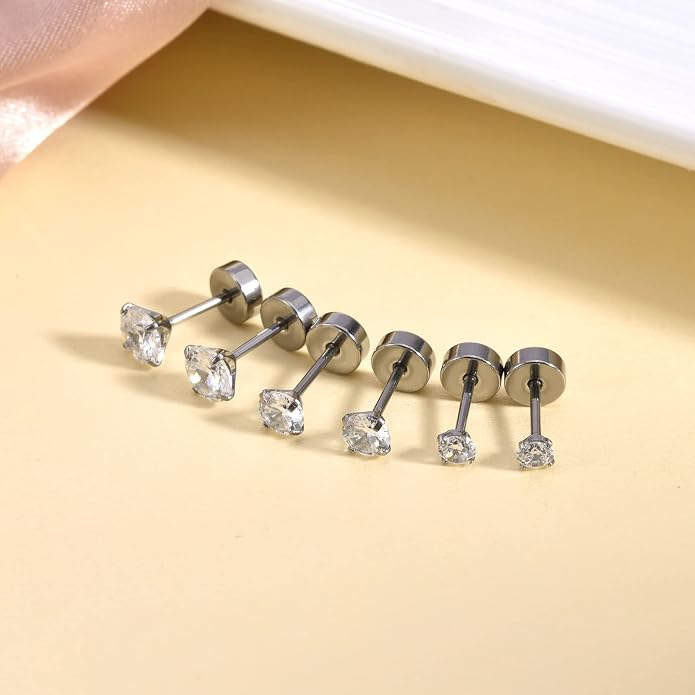 Titanium Earrings for Women Stud Earrings Cubic Zirconia Dainty Screw Flat Back Hypoallergenic Earrings for Women for Multiple Cartilage Helix Conch Tragus Piercing Jewelry for Sensitive Ears