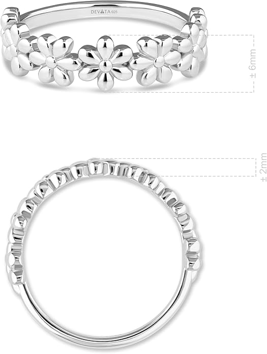 DEVATA Gold or Rhodium Plated Sterling Silver 925 – Eternity, Band Ring for Women – Heart, Knot, Clover, Infinity, Mariner, Cable, Curb, Cuban, Figaro, Daisy, Rope, Ribbed, Dome