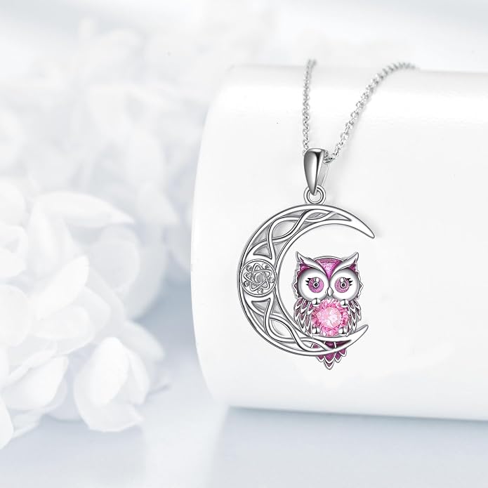 Owl Birthstone Necklace Sterling Silver Celtic Moon Pendant Cubic Zirconia Owls Jewelry Birthday Gifts for Women Men