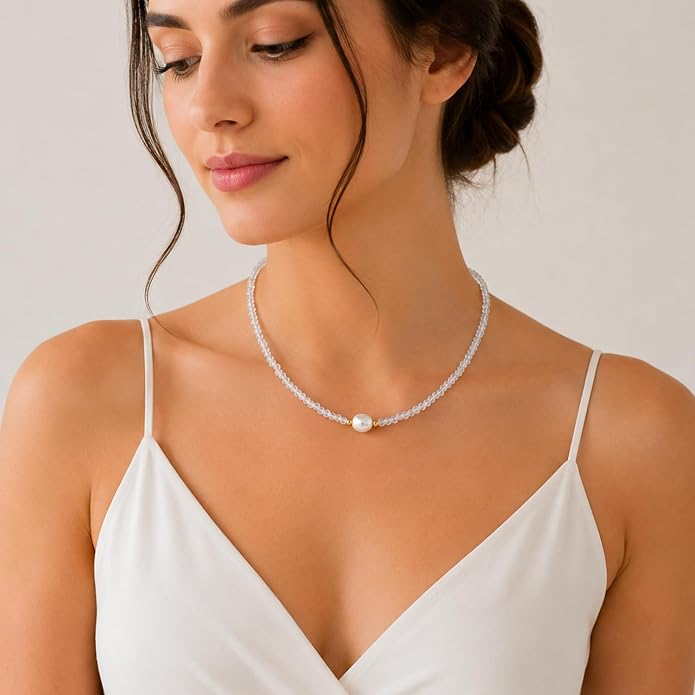 InfinityGemsArt Gemstone Gold Necklace For Women, Birthstone Natural Crystal Stone With Freshwater Pearl Beaded Jewelry, Gold Plated 18 Inch Chain