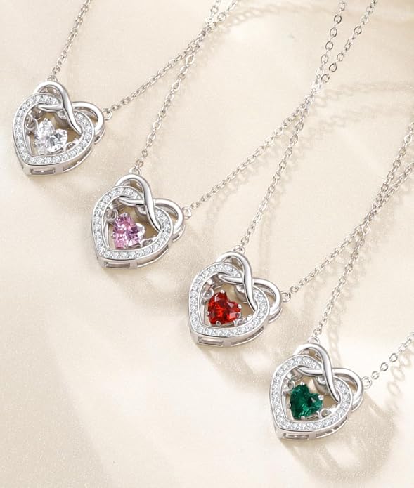 Trendy Dainty Infinity Birthstone Necklace, Dancing Heart 18K White Gold Plated 925 Sterling Silver Heart Necklace, Romantic Love Jewelry Graduation Gifts for Women Her