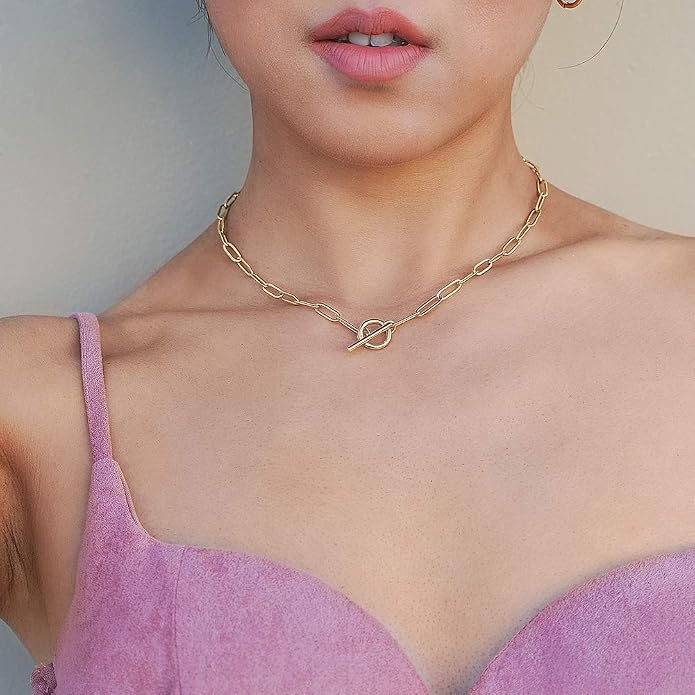 Lauren Paperclip Bolo Necklace Layered Stacked Paper-clip Link for Women Adjustable Lobster Clasp Gold Plated Stainless Steel Link Charm Chain(16"/20"/24")