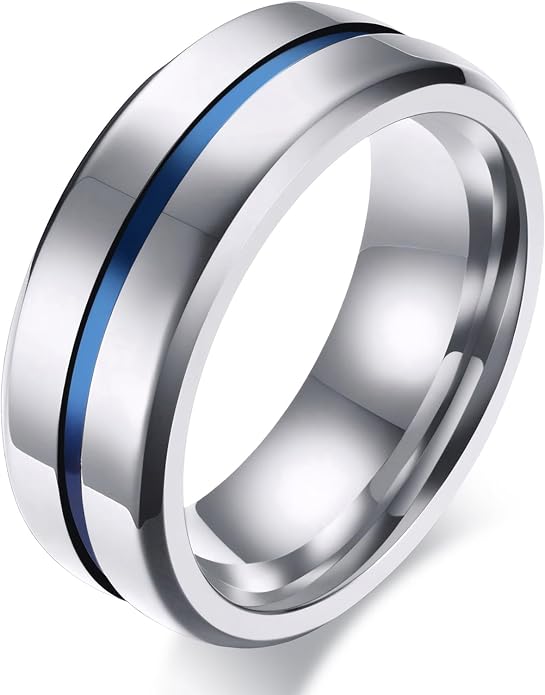 MMTTAO Men's Titanium Ring Wedding Bands for Men Women 6MM 8MM 10MM Black/Blue/Silver Engagement Band Wedding Rings Beveled Edge Brushed Matte Finished & Polished Grooved Center Comfort Fit Size 6-13