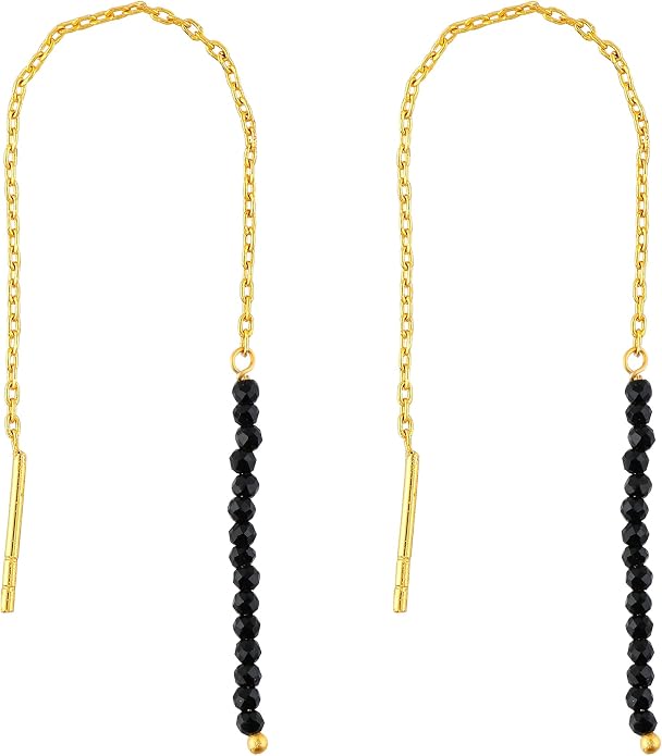 Natural Gemstone Threader Earrings for Women - Dainty 2mm Faceted Beads - Birthstone Crystal Drop Earrings - Silver Plated Healing Jewelry