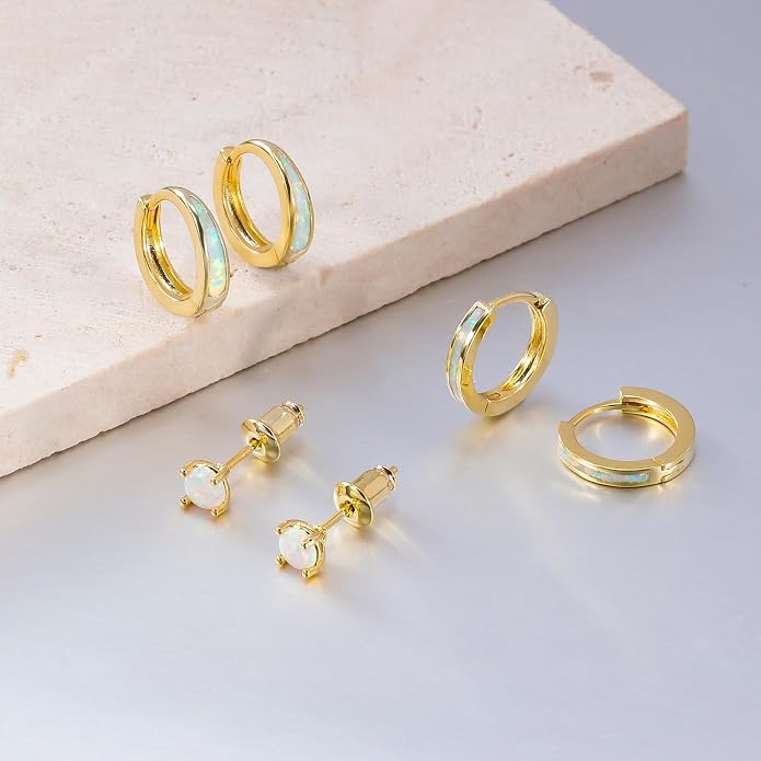 CiNily Opal Earrings Set for Women Hypoallergenic, Opal Stud Huggie Hoop Earrings Silver/Rose Gold Plated Dainty Hoop Huggie Silver Dangle Earring Stacks, Gold Jewelry