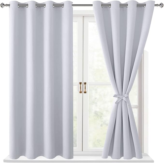 Hiasan Blackout Curtains for Bedroom, 52 x 54 Inches Long - Thermal Insulated & Energy Saving Window Curtains for Living Room, 2 Drape Panels Sewn with Tiebacks, Greyish White