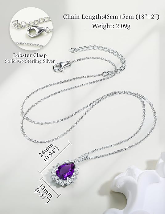 925 Sterling Silver Teardrop Necklace for Women Huge Created Gemstone Solitaire Halo Pendant Pear Cut Birthstone Necklace