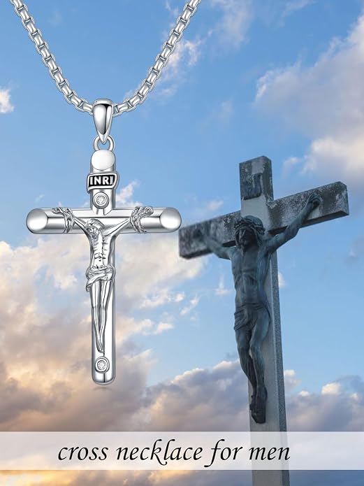 KXJ S925 Sterling Silver Black Cross/Best Dad/Baseball Bat/Silver Cross/Ankh Cross/Crucifix with 22+2 Inches Stainless Steel Rolo Chain Cross Necklace for Men Women Christian Religious Jewelry Gifts