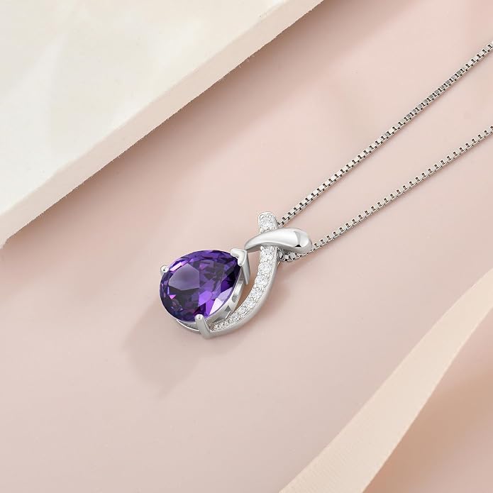 Teardrop Birthstone Necklace for Women,925 Sterling Silver Pear Cut Zircon Gemstone Pendant Necklace for Birthday Engagement Anniversary Wedding Jewelry