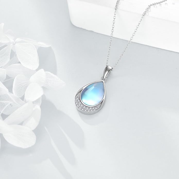 YAFEINI 925 Sterling Silver Moonstone Necklace Filigree Teardrop Pendant Necklace Jewelry for Women Girls