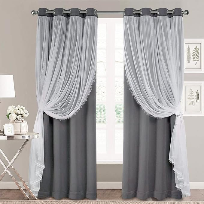 Dark Grey Blackout Curtains 96 Inch Length with White Sheer Voile - Double Layered Mix and Match Nursery Grommet Curtains for Living Room,52 by 96 in, 2 Pieces