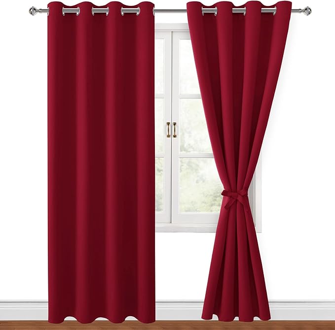 Hiasan Blackout Curtains for Bedroom, 52 x 84 Inches Long - Thermal Insulated & Light Blocking Window Curtains for Living Room, 2 Drape Panels Sewn with Tiebacks, Christmas Red