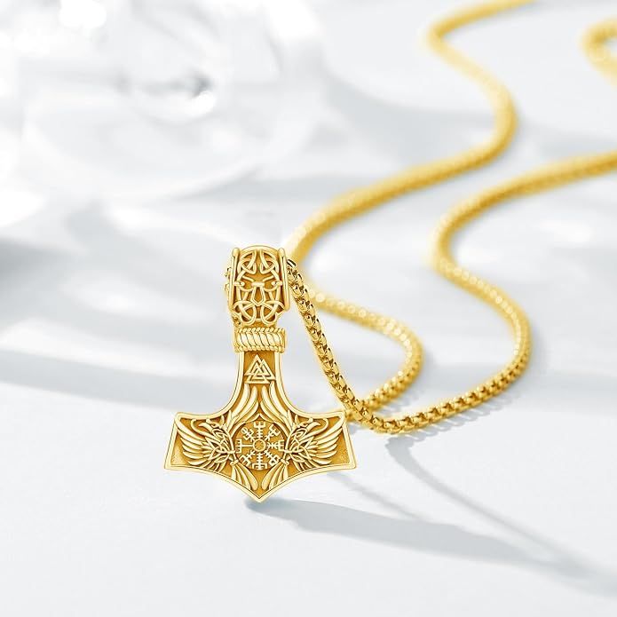 Viking Mjolnir Thors Hammer Necklace Norse Thor Talisman Amulet Pendant 925 Sterling Silver 18k Gold Plated Viking Jewelry Gifts for Men Women