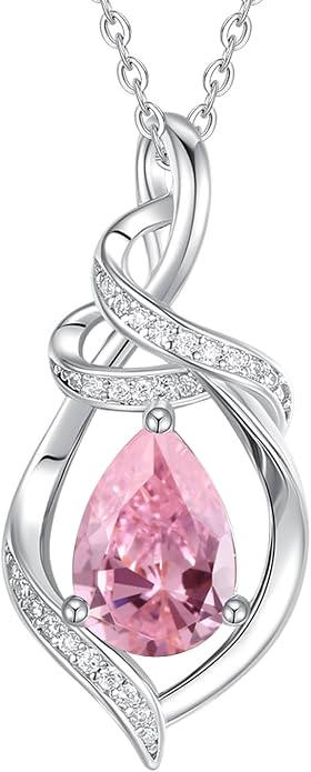 FANCIME Teardrop Birthstone Necklace for Women S925 Sterling Silver Elegant Ribbon Pendent Necklace Birthday Jewelry Gifts for Mom Wife Her, 16"+2" Inches