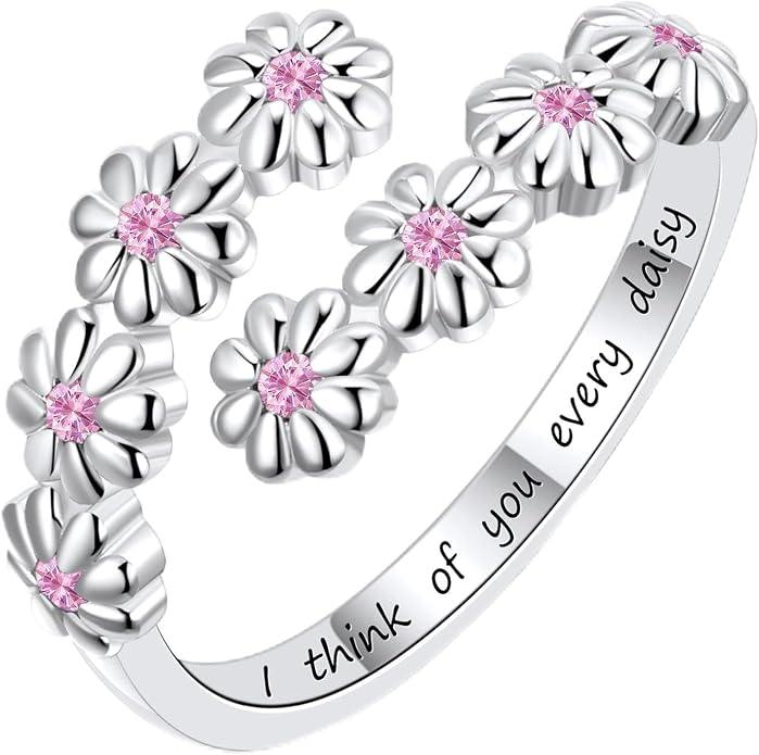 Dainty Daisy Ring for Women, S925 Sterling Silver Cubic Zirconia Sunflower Flower Ring For Daughter, I Think Of You Every Daisy Ring, Birthstone Flower Ring