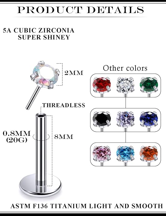 20G 18G 16G Astm F136 Titanium Threadless Flat Back Earrings Nose Studs Tragus Helix Conch Cartilage Lobe Earrings Medusa Labret Snake Bite Monroe Lip Ring Piercing Jewelry For Women Men