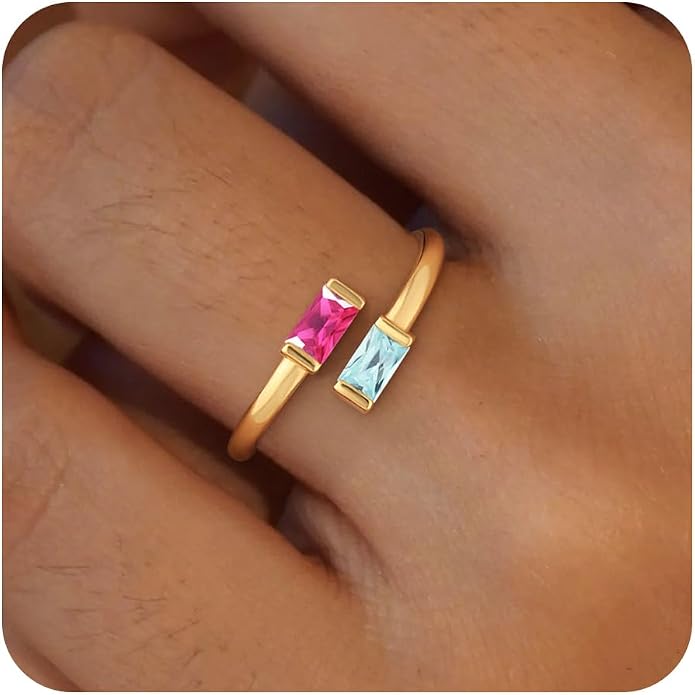 Honsny Gold Birthstone Rings for Women Non Tarnish 14K Gold Plated Adjustable Emerald Ring Cubic Zirconia Gemstone Promise Ring for Her Engagement Personalized Waterproof Jewelry Gifts for Birthday