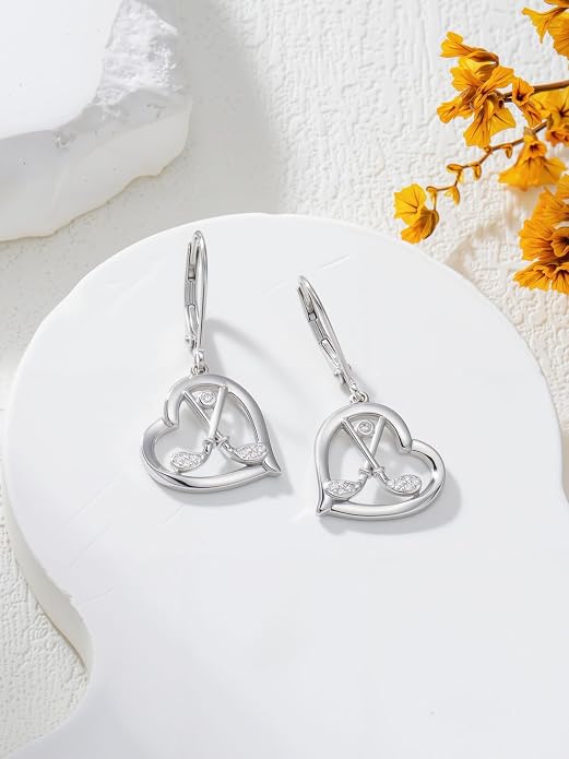 Midari Heart Dangle Earrings 925 Sterling Silver Leverback Drop Earrings Teacher Music Art Jewelry Gifts for Women Students Apple/Guitar/Palette/Note Design