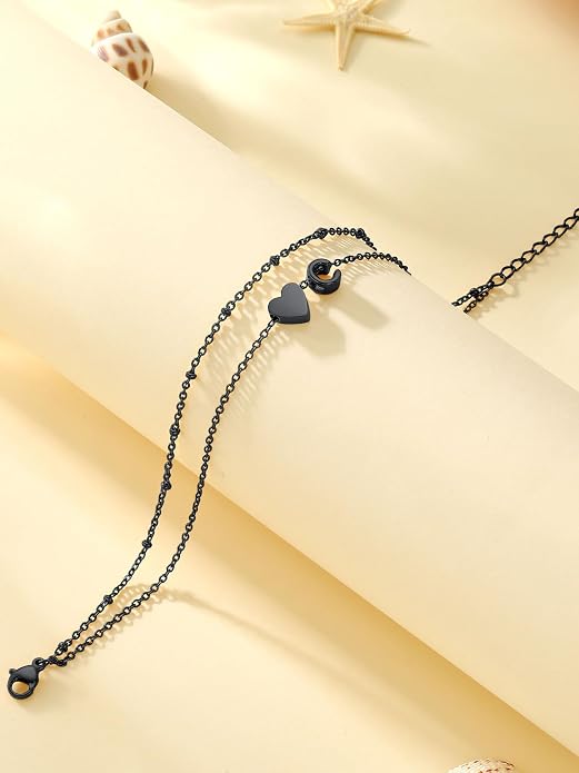 Initial Ankle Bracelets for Women, Dainty Stainless Steel Letter A-Z Layered Anklets, Heart Ankle Bracelet 8.5"-10.5" Adjustable, Summer Beach Jewelry, Come with Box