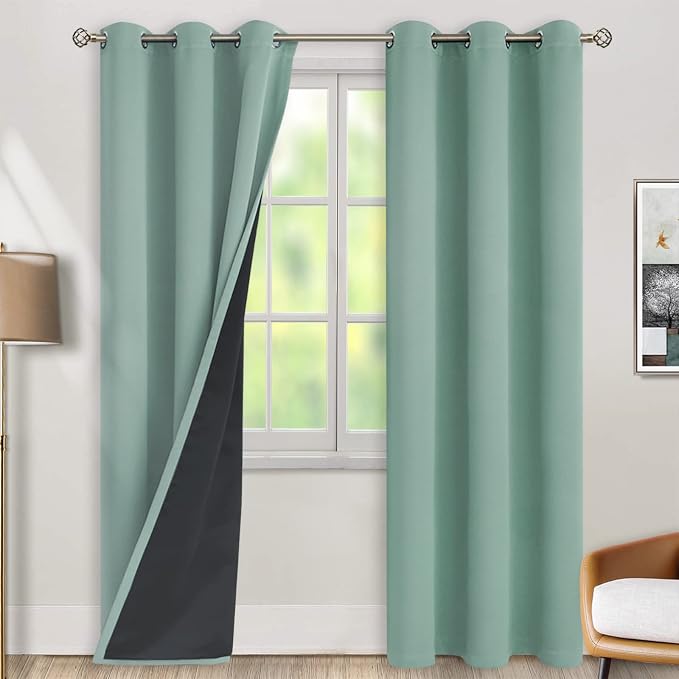 BGment Thermal Insulated 100% Blackout Curtains for Bedroom with Black Liner, Double Layer Full Room Darkening Noise Reducing Grommet Curtain (38 x 84 Inch, Frosty Green, 2 Panels)