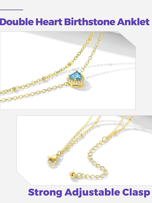 Richsteel Double Layer Heart/Butterfly Birthstone Anklet for Women Non Tarnish Waterproof, Silver/Gold/Black Stainless Steel 8.5-10.5 Inch Adjustable Chain Anklets Jewelry Gifts for Her