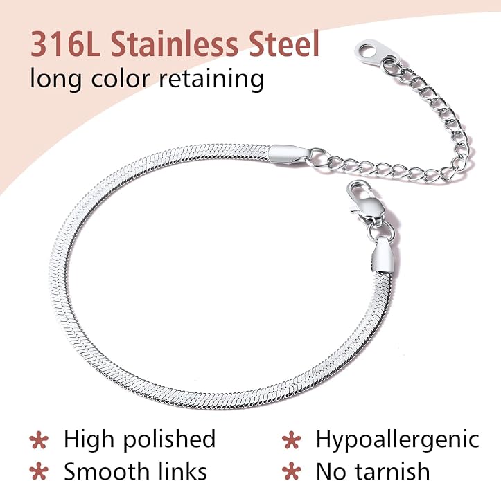 FindChic Elegant Herringbone Snake Chain Anklets/Bracelets 3MM/5MM Width Stainless Steel/18K Gold/Rose Gold Plated/Black 4 Color Options, 8.3'' 8.5'' 10.5'' Length, with Gift Box