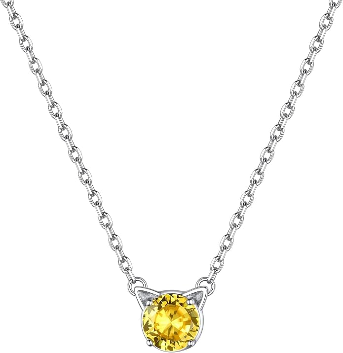 ChicSilver Bow and Cat Birthstone Necklace, 925 Sterling Silver Pendant Necklaces for Women, Hypoallergenic Silver Choker with 16 inch Rolo Chain, 12 Months Jewelry for Valentines Mothers Day Christmas