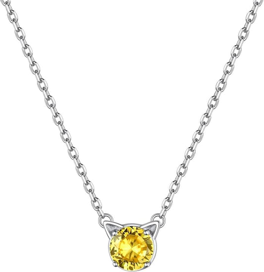 ChicSilver Bow and Cat Birthstone Necklace, 925 Sterling Silver Pendant Necklaces for Women, Hypoallergenic Silver Choker with 16 inch Rolo Chain, 12 Months Jewelry for Valentines Mothers Day Christmas