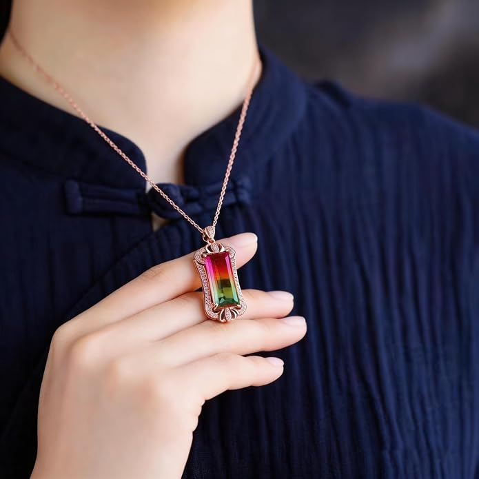 Rainbow Tourmaline Pendant Necklace, Multicolor Gemstone, Rose Gold-Tone Setting, Personalized Jewelry Gift