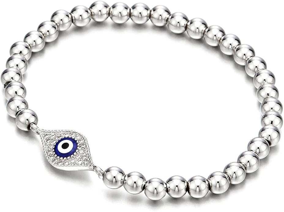 COOLSTEELANDBEYOND Beads Bracelet for Women Men with Cubic Zirconia Protection Evil Eye