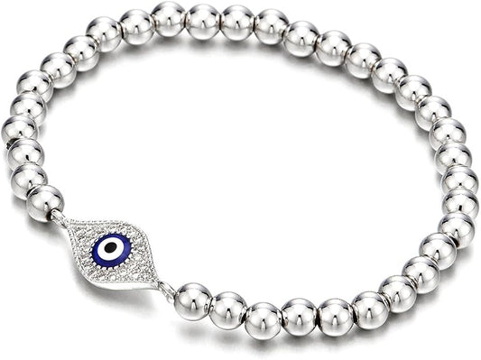 COOLSTEELANDBEYOND Beads Bracelet for Women Men with Cubic Zirconia Protection Evil Eye