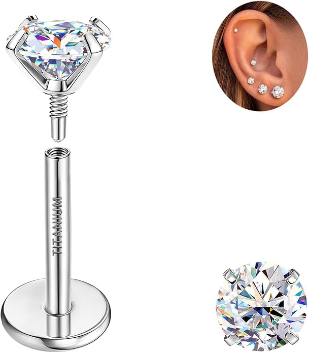 GEMQUEEN Moissanite Earrings G23 Titanium Extended Internal Thread Flat Back Earrings Hypoallergenic Tragus Cartilage Helix Conch Piercing Jewelry for Women Men 18G 6/8mm Post Gray/D Color 0.2-3CT