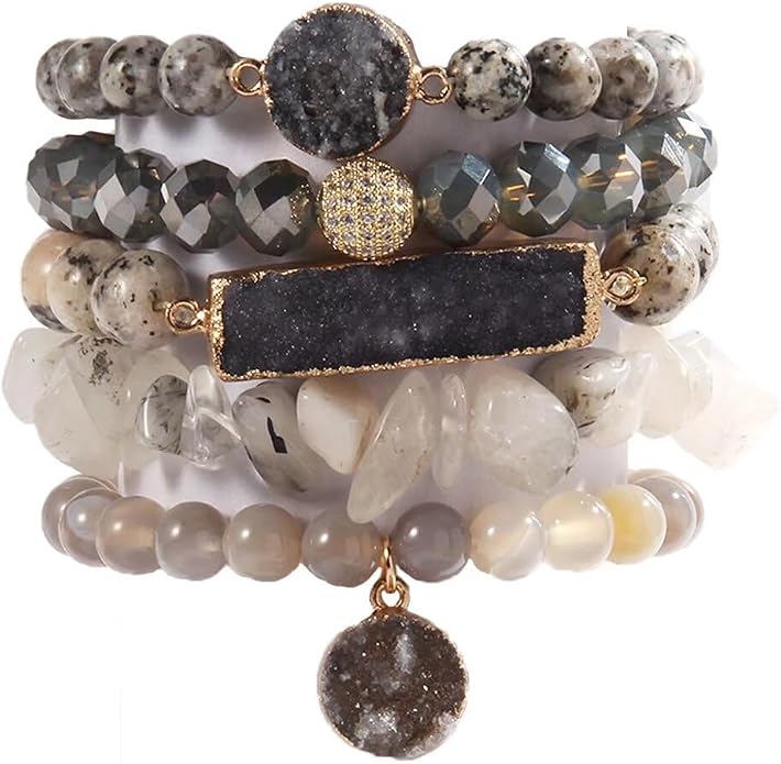 Yomisa 5PCS 6PCS Natural Boho Beaded Bracelets/Bangle for Women Men,Healing Turquoise Jasper Agate Crystal Gemstone Stone Chakra Multilayer Wrap Bohemian Handmade Jewelry Beads Stretch Bracelet Set
