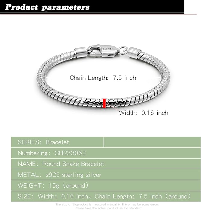 Dankadi Italy Smooth 3MM 4MM Round Snake Chain Bracelet Solid 925 Sterling Silver Men Women 6.3" 6.7" 7" 7.5" 8" 8.5" 9" 9.5" Bangle Charm Jewelry Gift