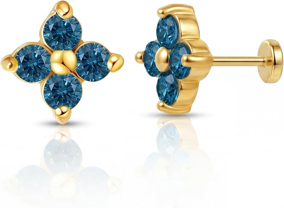 FANSING Short Threadless Cartilage Earring Stackable CZ Birthstone Flat Back Earrings for Women Small Stud Earrings for Tragus Helix Earlobe 18K Gold Plated ‌Rainbow 5.0mm