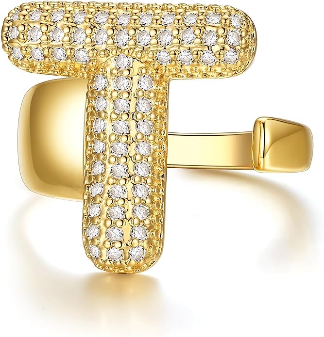 KeyStyle Bold Initial Letter Rings Adjustable, GoldChic Jewelry Women Gold Statement Ring Personalized Engraved Women’s Open Signet Ring for Party (Gold, White Gold, Black)