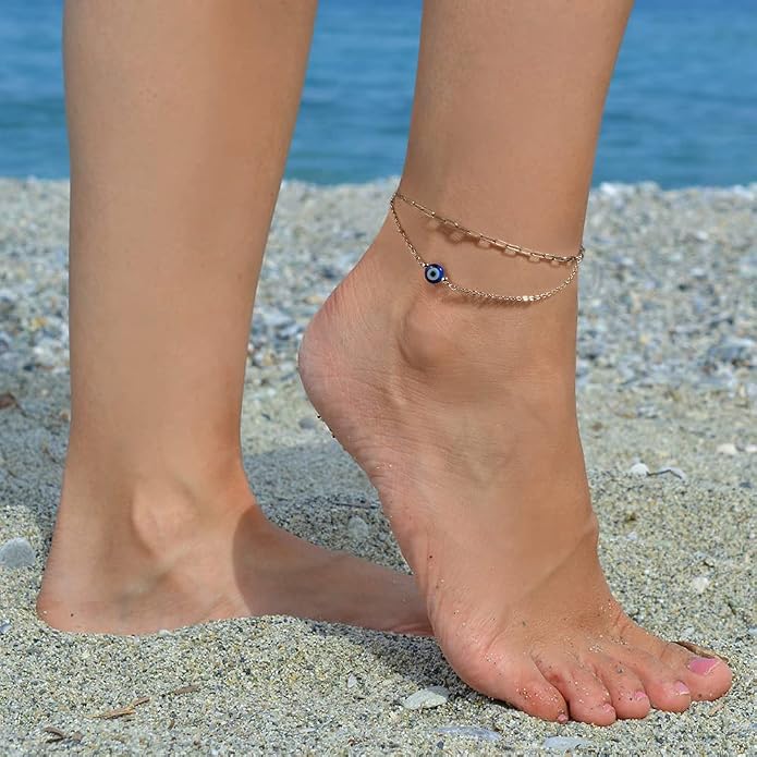 Tarsus Gold Plated Evil Eye Bracelet/Anklets Layered Amulet Nazar for Women