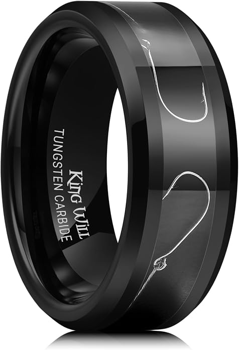 King Will Mens 8mm Black Silver Tungsten Rings, Men's Wedding Rings Fishing Line Inlay Beveled Edge Ring for Men Women, Comfort Fit, Durable
