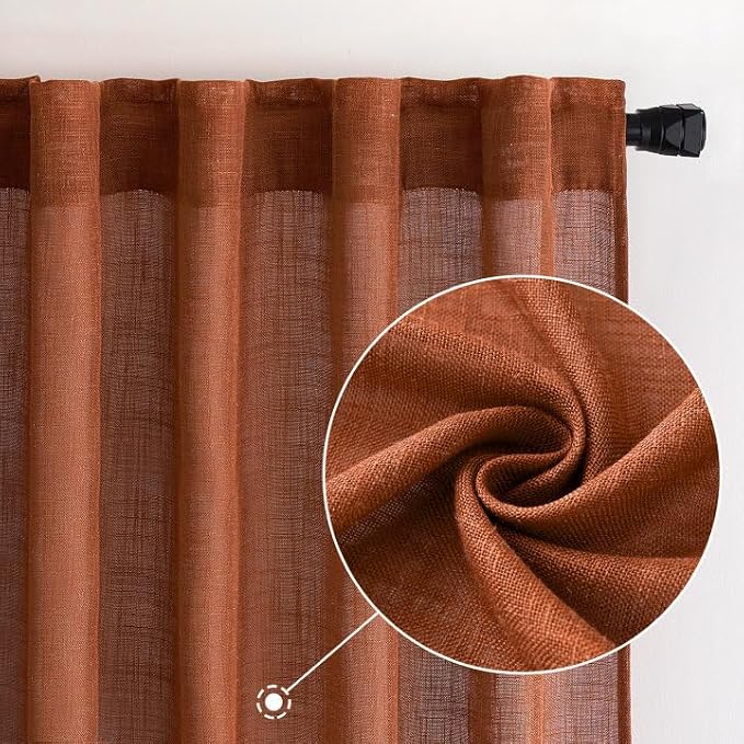 MIULEE Burnt Orange Linen Curtains 84 Inch Length 2 Panels for Bedroom Living Room, Soft Thick Linen Textured Window Drapes Semi Sheer Light Filtering Back Tab Rod Pocket Burlap Look Fall Decorations