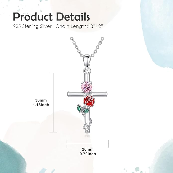 Birthstone Cross Necklace 925 Sterling Silver Rose with Butterfly Birthstone Cross Pendant Necklace Jewelry Gifts for Women Birthday Christmas